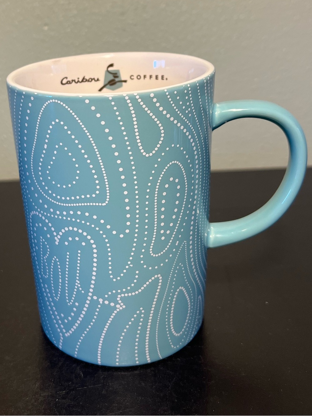 CARIBOU COFFEE Teal Classic BOU White Pin Dot Dotted Lines Ceramic Mug Cup 16oz
